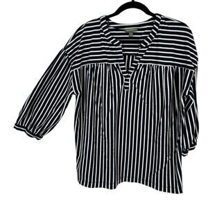 Style & Co Nautical Stripe V Neck Top size XL Blue White 3/4 Sleeve Popover
